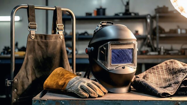Welding Helmet and PPE on Workbench, Warm Light, Safety Gear