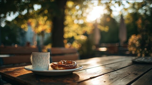 weisswurst. Beer garden table at dawn with weisswurst and pretzel on a white plate. bar promotions, beverage menus, designed for product packaging and bar promotions.