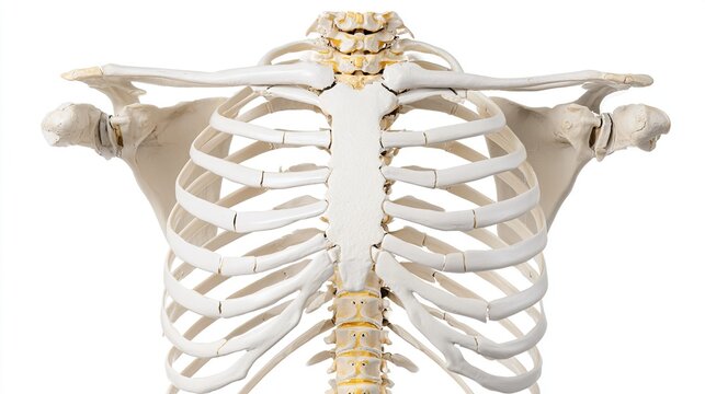 sternum. Diagrammatic illustration of a human thoracic skeleton focusing on the sternum structure. STEM education sheets.