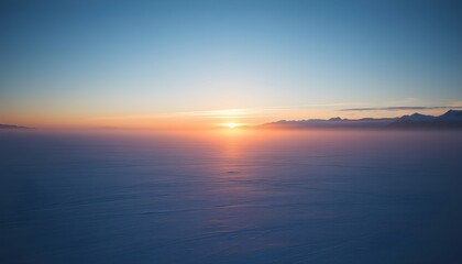 Tundra with sun on the horizon Arctic tundra landscape with frozen ground and low orange sun hovering at the horizon, atmospheric ice mist 2