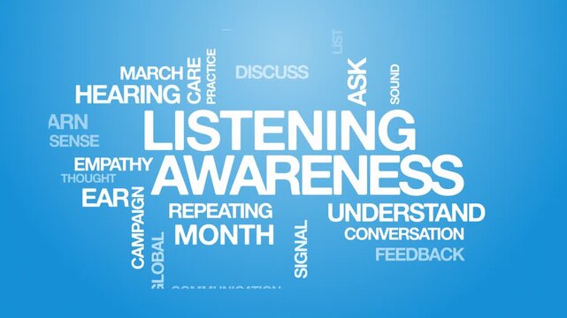Listening awareness concept Animated Tag Word Cloud kinetic typography, Text Design Animation typography seamless loop video motion graphics Intro Wordart blue background bg backdrop screen