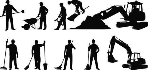 Construction worker silhouettes, shovel usage, wheelbarrow pushing, pickaxe mining, broom sweeping, mop cleaning, excavator machine, industrial site artwork design © MstNilufar