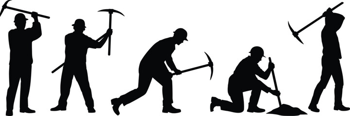 Construction workers digging with pickaxe silhouette set isolated on white background manual labor vector illustration