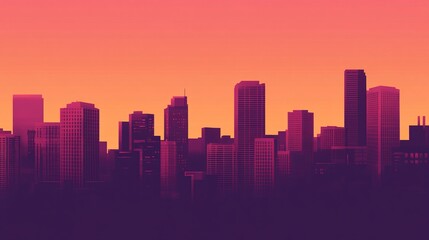 Obraz premium simplified. Abstract city silhouette at dusk with geometric shapes, warm amber glow against deep blue sky. real-estate listings.