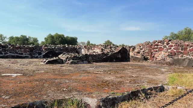 Detailed ground-level shot of the volcanic stone structures and ancient ruins at the Teotihuac&aacute;n archaeological site. Textural view of history in Mexico