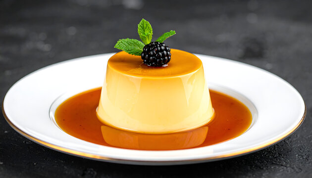 Decadent caramel panna cotta with fresh blackberry and mint garnish