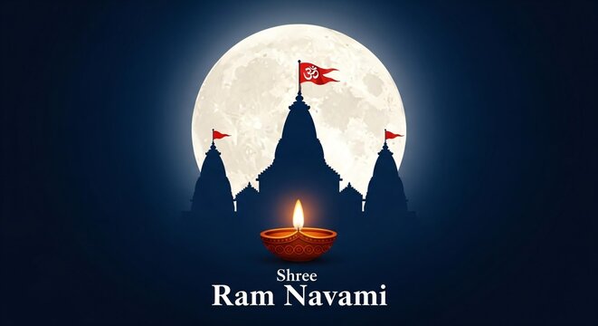 Shree Ram Navami Festival Illustration with Temple Silhouette, Full Moon and Diya Lamp