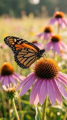 Obraz premium Closeup of Monarch butterfly on purple coneflower in sunlight