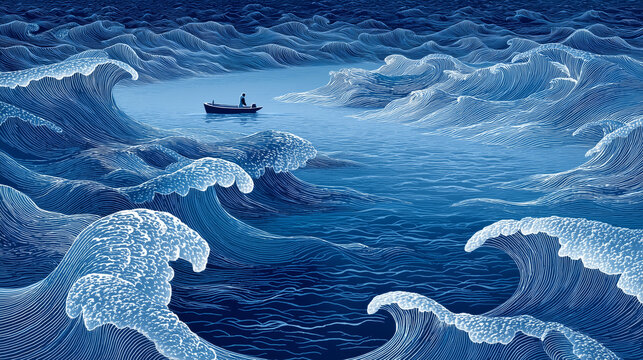 Solo fisherman in small boat amidst giant ocean waves at twilight . Style of artistic engraving