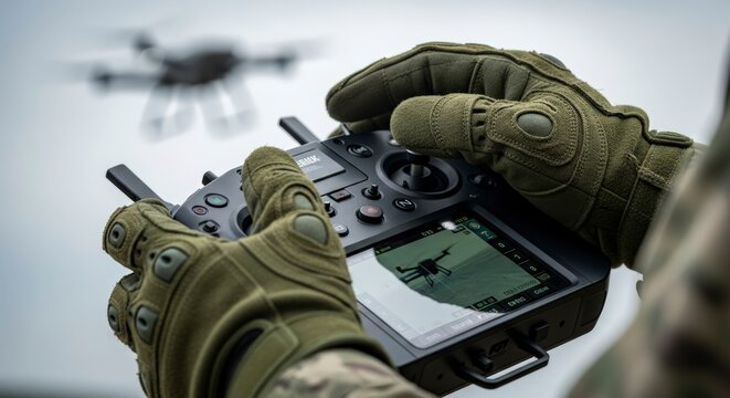 Military Personnel Operating Drone Controller.