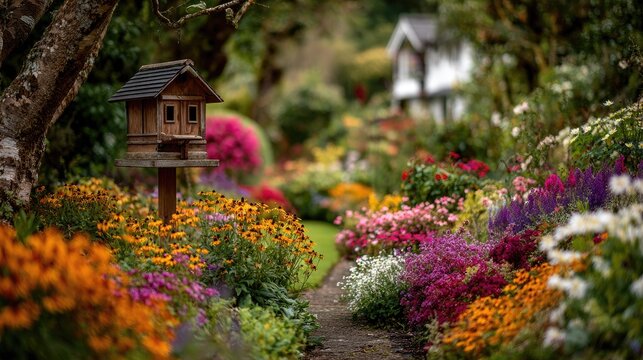 Serenity in Bloom: Vibrant Garden Pathway with Colorful Flowers and Charming Birdhouse Nestled in Nature's Embrace