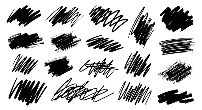 Collection of various hand-drawn black scribble and doodle marks.