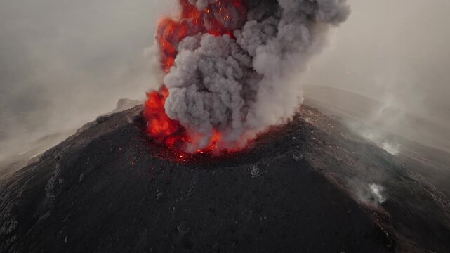 Aerial view of glowing lava and ash erupting from the crater of Fuego Volcano in Guatemala during active explosion.