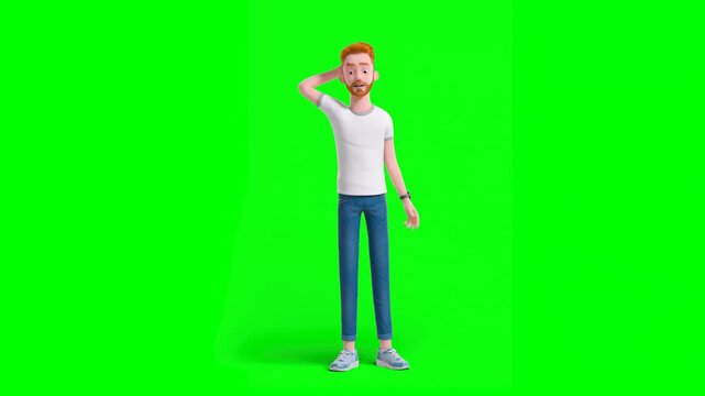 3D Animated Cartoon Man in White T-Shirt and Blue Jeans Standing on Green Background, Scratching Head While Deep in Thinking.
