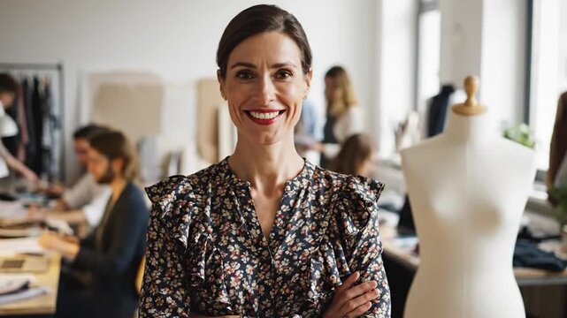 Confident professional woman smiling in creative business workspace portrait