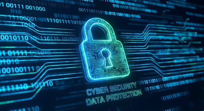 Digital Cyber Security Lock Icon Glowing on Screen with Blue and Green Gradient