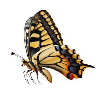 Yellow and Black Tiger Swallowtail Butterfly Side View on Black Background insect papilio glaucus isolated on a transparent background