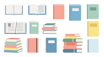 Collection of various colorful notebooks and books.