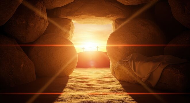 Easter sunrise from an empty tomb symbolizing hope and resurrection on happy easter