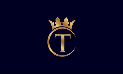 Luxury Golden Letter T Logo with Royal Crown and Circular Frame on Dark Background