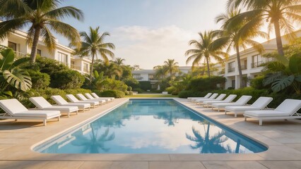 Fototapeta premium Luxury pool with palm trees and lounge chairs