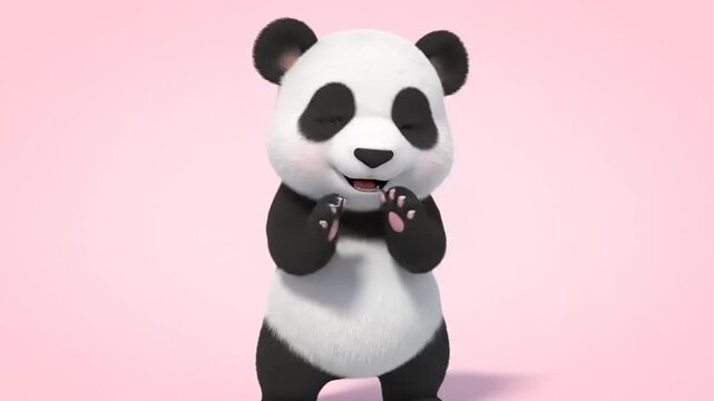 Adorable, fluffy baby panda character with closed eyes and a joyous expression, paws pressed together in a cute, happy gesture, rendered in soft 3D CGI.
