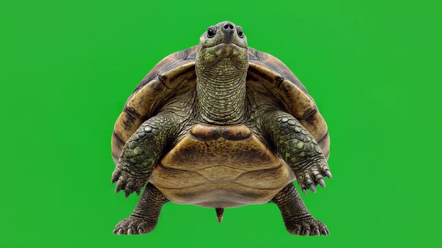 A captivating slow-motion sequence of a magnificent terrestrial turtle exploring its vibrant surroundings on a pure green screen, ideal for creative