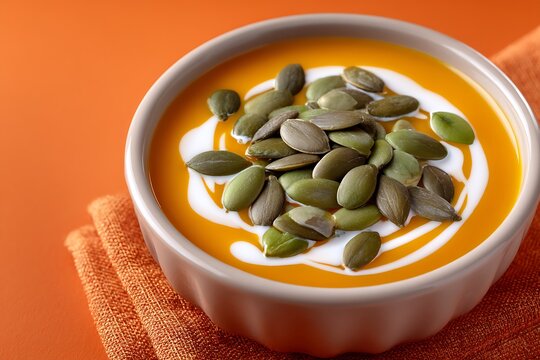 Delicious pumpkin soup with seeds.