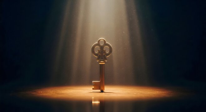 The Key to Success 2026: Breakthrough solutions unlock new opportunities, symbolized by a classic golden key gleaming under the spotlight, representing power and innovation.