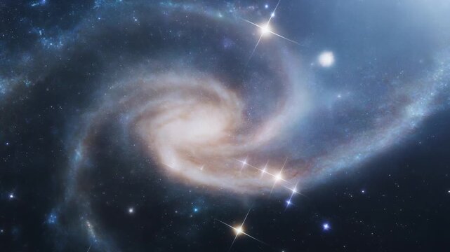 "Astronomical image of a spiral galaxy with swirling arms and a bright central core. The galaxy is surrounded by numerous stars, some with lens flares. The spiral arms display blue and white hues, rep