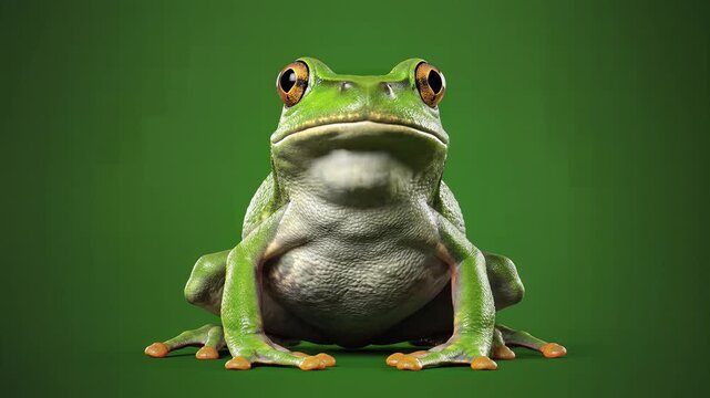 Mesmerizing close-up study of an enchanting green tree frog, showcasing its detailed skin texture and captivating amber eyes, a tranquil amphibian