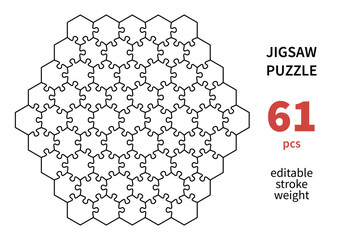 Fototapeta premium Cutting lines grid design jigsaw puzzle. Jigsaw puzzle blank template. 61 pieces. Editable stroke weight. Vector illustration.