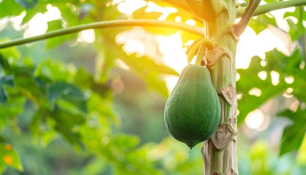 A green papaya hangs from a tree branch surrounded by lush leaves