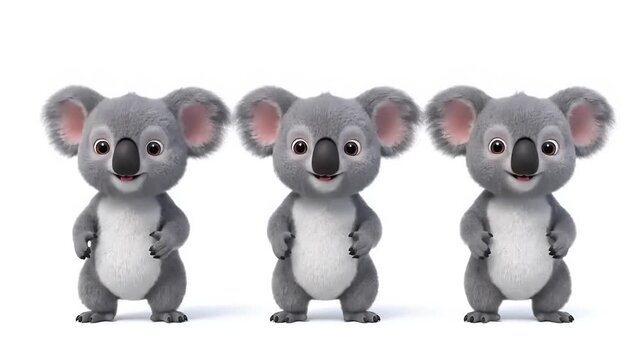 Three adorable, fluffy, cartoon koalas standing in a row, facing forward with a friendly expression, set against a clean white background.