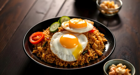 Delicious Indonesian fried rice (nasi goreng) served on a plate topped with a perfectly fried sunny side up egg, garnished with sliced cucumber, tomato, crispy shallots, and prawn crackers, rich brown
