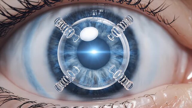 CGI Close Up of Blue Iris Eye with Futuristic Intraocular Lens Insertion Technology Medical Concept