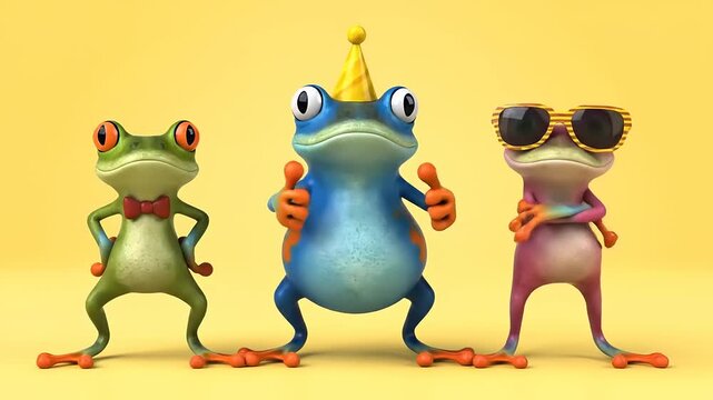 Three anthropomorphic cartoon frogs in festive attire with party hat, bow tie, and sunglasses, posing energetically on a bright yellow studio backdrop.