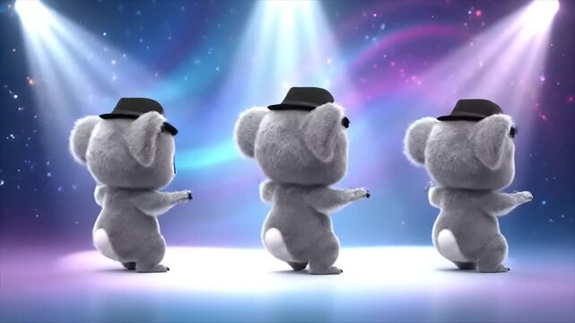 Three fluffy, adorable koala characters wearing black hats dancing energetically on a brightly lit stage with colorful spotlights and bokeh effects, whimsical 3D animation.