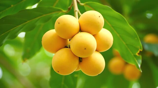 Close-up of a cluster of small, yellow, round fruits hanging from a branch, with green leaves in the background