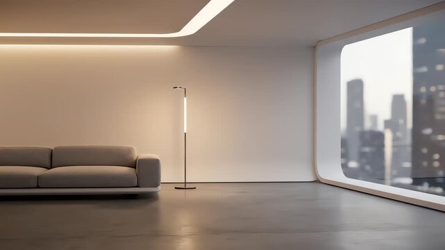 A modern minimalist interior showcases a sleek grey sofa and a slim floor lamp. The lighting creates a warm glow. The space has rounded corners