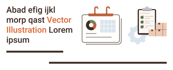 Business management, logistics, data analysis, workflow organization, inventory tracking, supply chain. A calendar, checklist gear and boxes. Business management and logistics tools concept