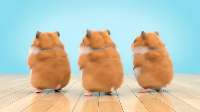 Three Adorable Hamsters Dancing in Unity on a Wooden Floor with a Soft Blue Gradient Background, 3D Rendered Whimsical Animation.