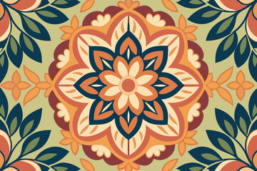 Colorful decorative floral mandala with layered petals, ornate leaves, and vintage tile motifs in warm orange, teal, and cream. Perfect for boho backgrounds, textiles, packaging, and design projects.