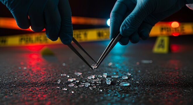 Gloved hands picking up small crystals at a crime scene with police tape forensic investigation