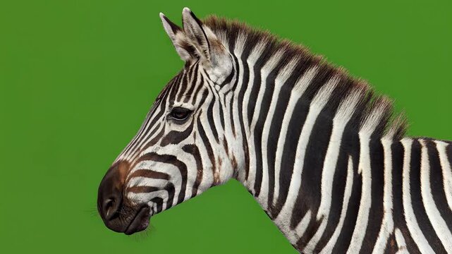 Striking profile of a grevy's zebra head with dynamic black and white stripes, isolated on a vibrant green screen for versatile compositing projects