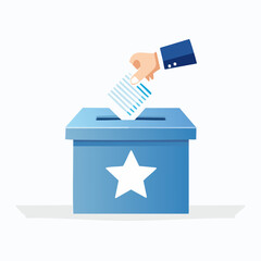 Hand putting ballot paper into election box with star symbol, representing voting and democracy.