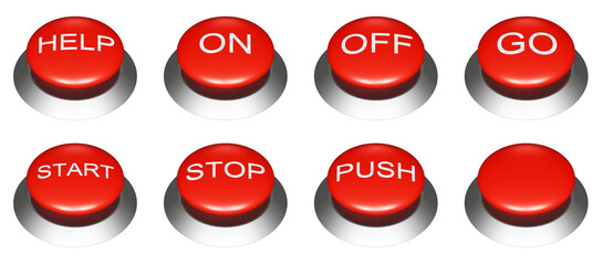 シンプルな赤い押しボタンの3DCGイラスト。英語の文字が書かれた様々な機能のボタン