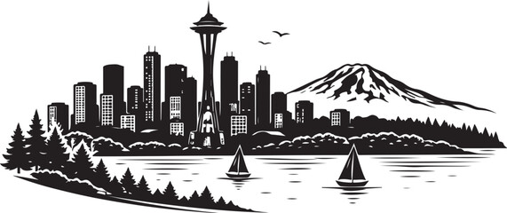 Seattle Skyline Silhouette, Vector Illustration, Isolated on White Background © Hin