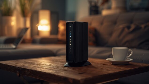 A fiber optic modem router on a wooden surface, symbolizing internet connectivity