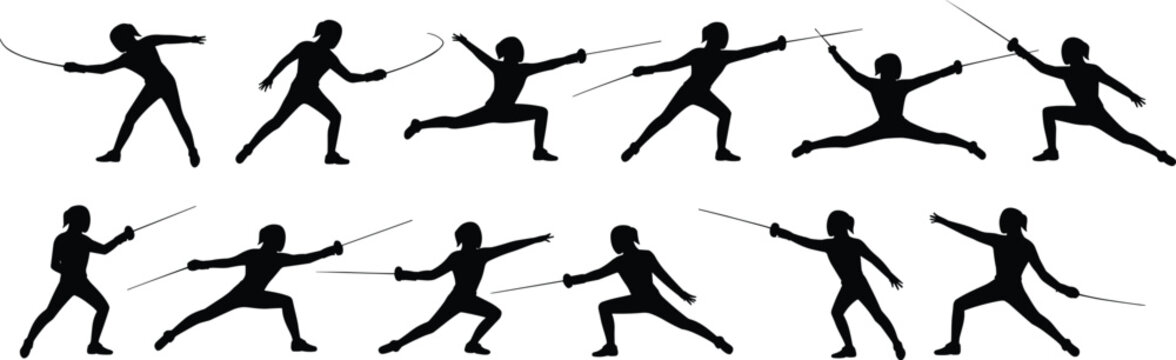 Collection of fencing athlete silhouettes in dynamic sword fighting poses isolated on white background, black sport vector set for competition and training design